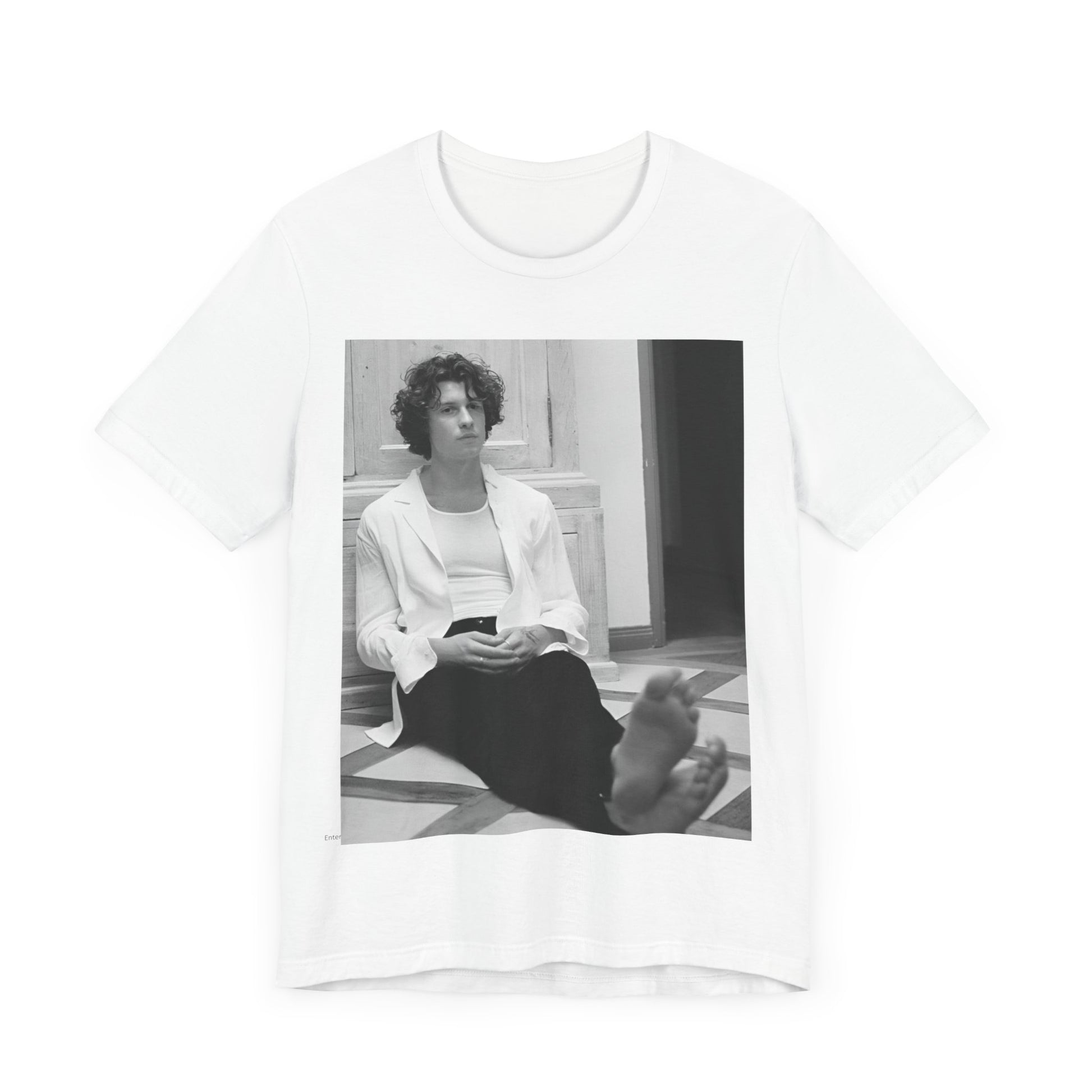 A black graphic t-shirt featuring a vintage casual style graphic of Shawn Mendes.