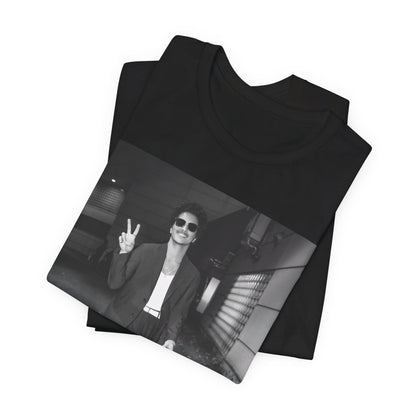 A black graphic t-shirt featuring a black and white graphic or photo of Bruno Mars in a backstage setting.