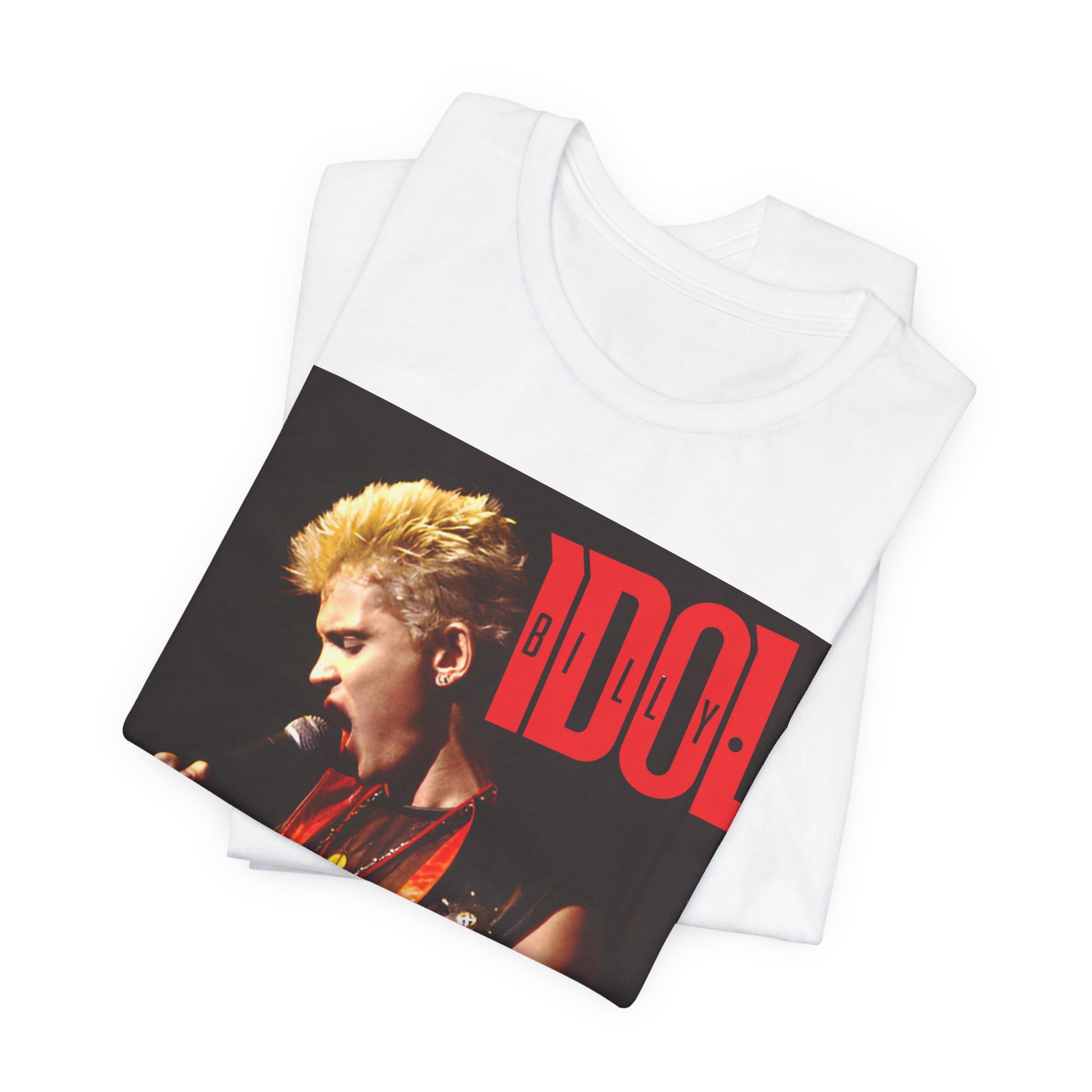 A black graphic t-shirt featuring an iconic 80s concert graphic of Billy Idol performing live on stage.