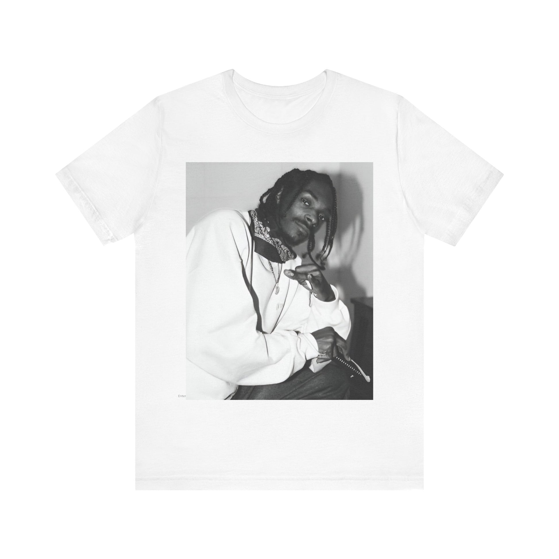 A black graphic t-shirt featuring a black and white hip hop graphic or photo of Snoop Dogg.