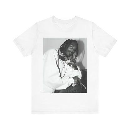 A black graphic t-shirt featuring a black and white hip hop graphic or photo of Snoop Dogg.