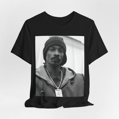 A black graphic t-shirt featuring a black and white, monochrome graphic of Snoop Dogg with an OG cool vibe.