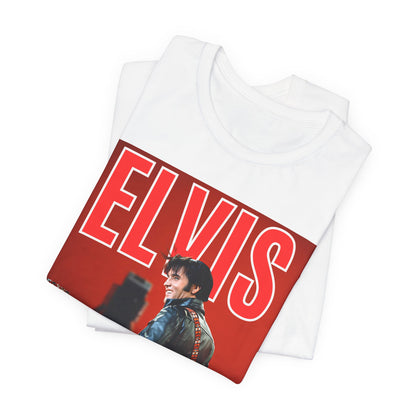 A black graphic t-shirt featuring a vintage graphic of Elvis Presley as the King of Rock 'n' Roll.