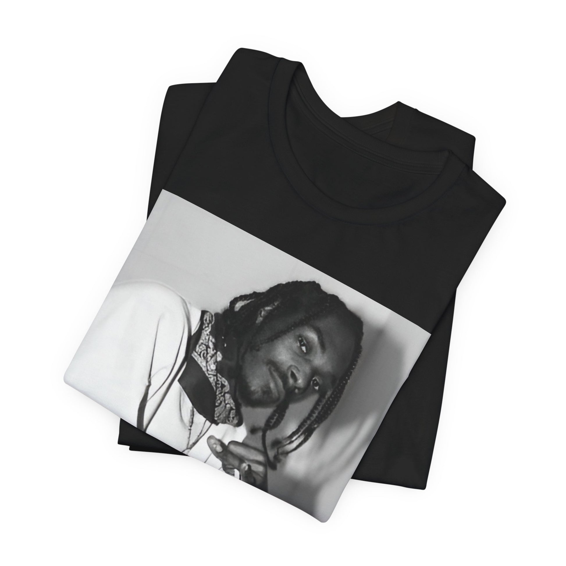 A black graphic t-shirt featuring a black and white hip hop graphic or photo of Snoop Dogg.