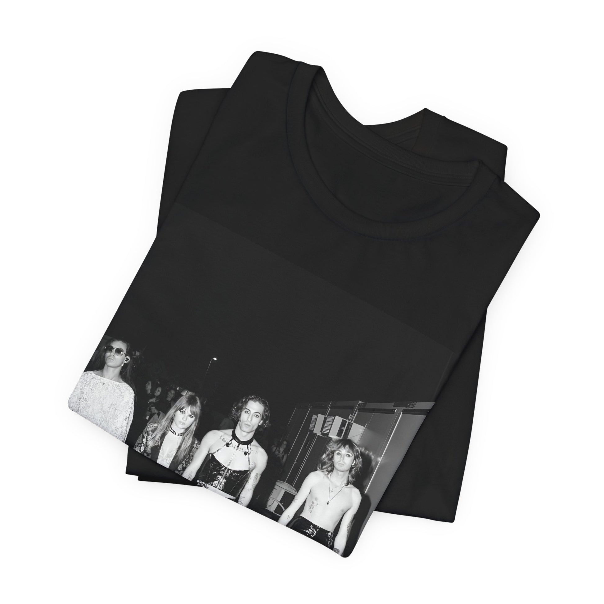 A black graphic t-shirt featuring a black and white, monochrome graphic or photo of Maneskin.