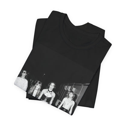 A black graphic t-shirt featuring a black and white, monochrome graphic or photo of Maneskin.