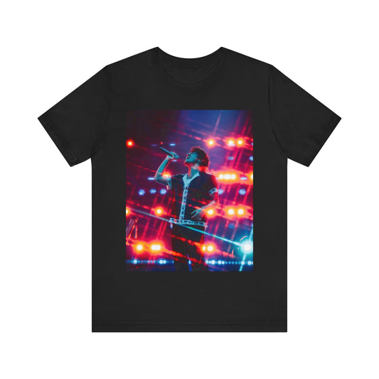 A black graphic t-shirt featuring a vintage tour graphic for Bruno Mars' '24K Magic' era.