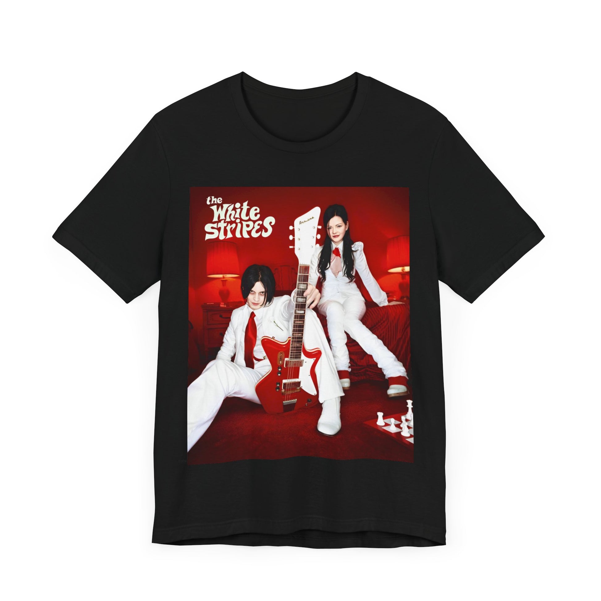 A black graphic t-shirt featuring a graphic related to The White Stripes' 'Seven Nation Army' song or era.