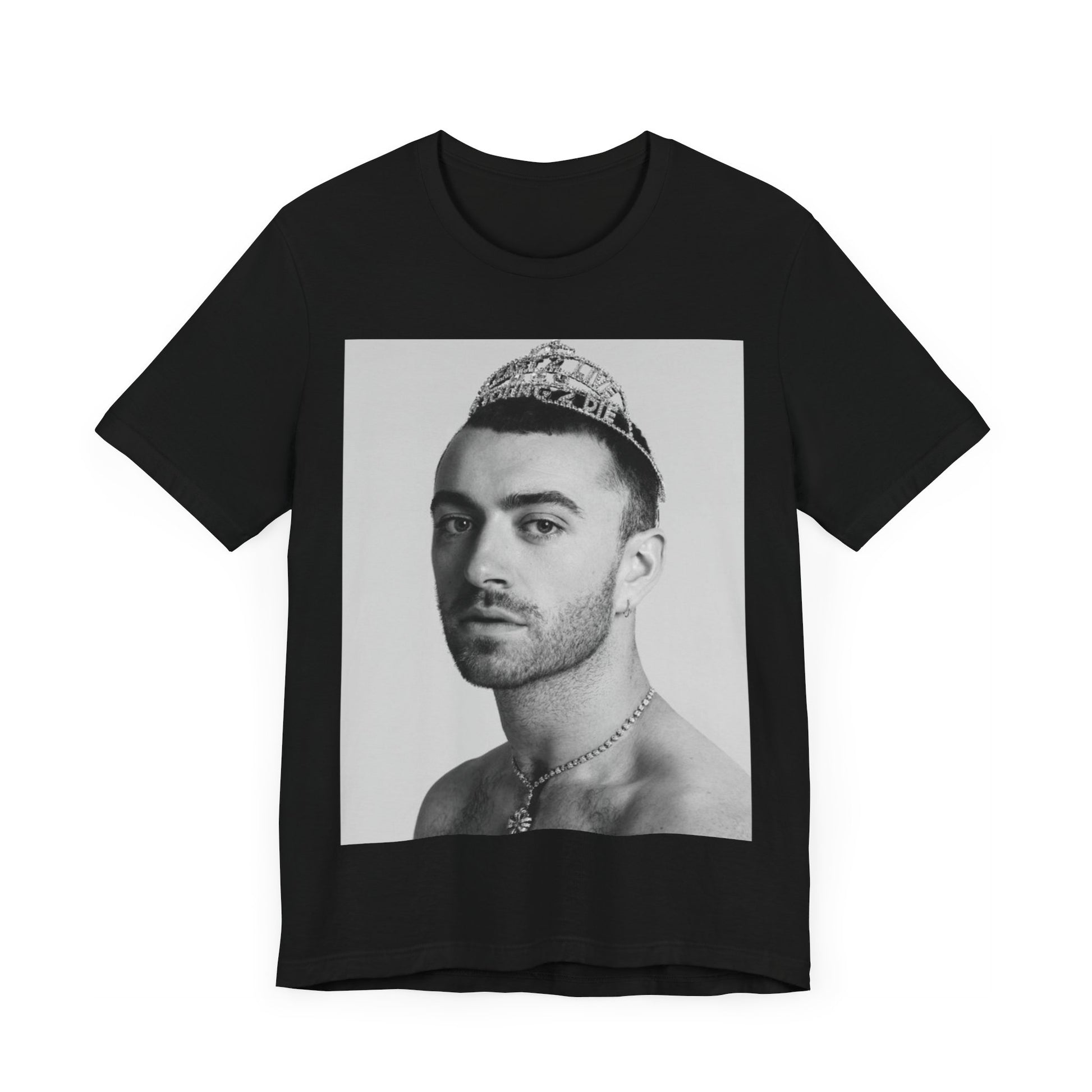 A black graphic t-shirt featuring a graphic of Sam Smith as a gender fluid icon.