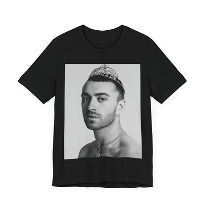 A black graphic t-shirt featuring a graphic of Sam Smith as a gender fluid icon.