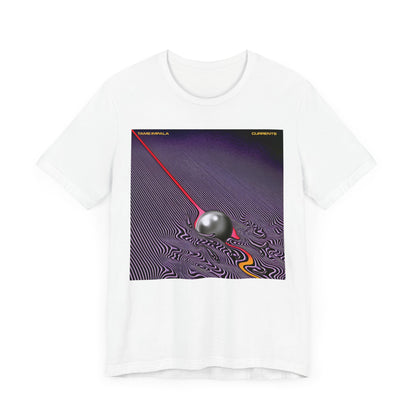 A black graphic t-shirt featuring a graphic related to Tame Impala's 'Currents' album.