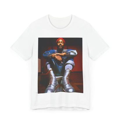 A black graphic t-shirt featuring a graphic of Marvin Gaye as the King of Motown soul legend.