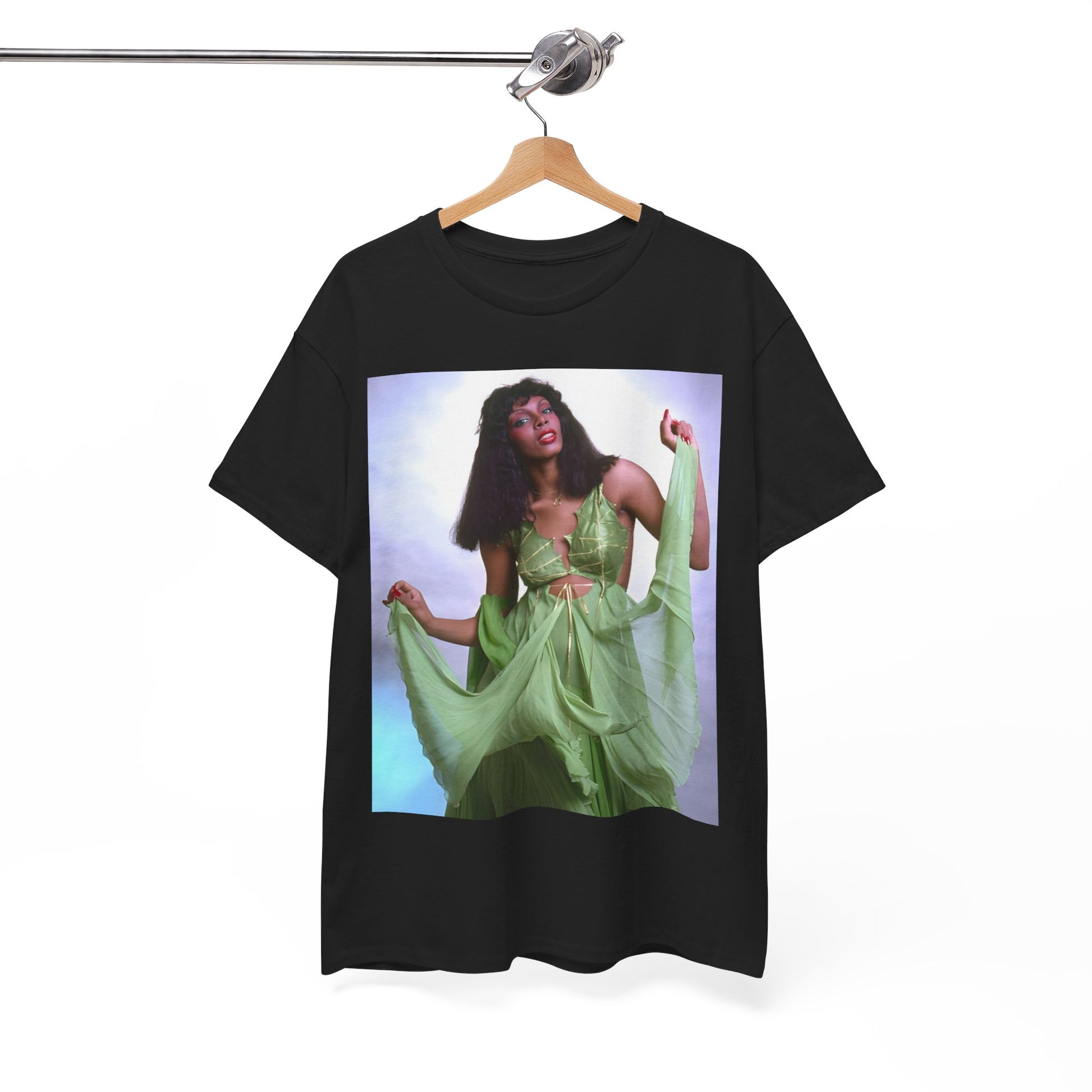 A black graphic t-shirt featuring an 80s pop icon aesthetic graphic of Donna Summer.