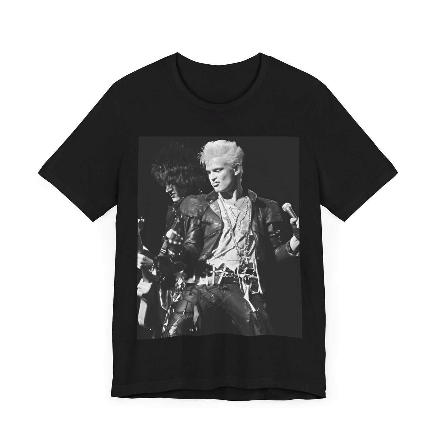A black graphic t-shirt featuring a live concert graphic of Billy Idol, designed for a comfortable fit.