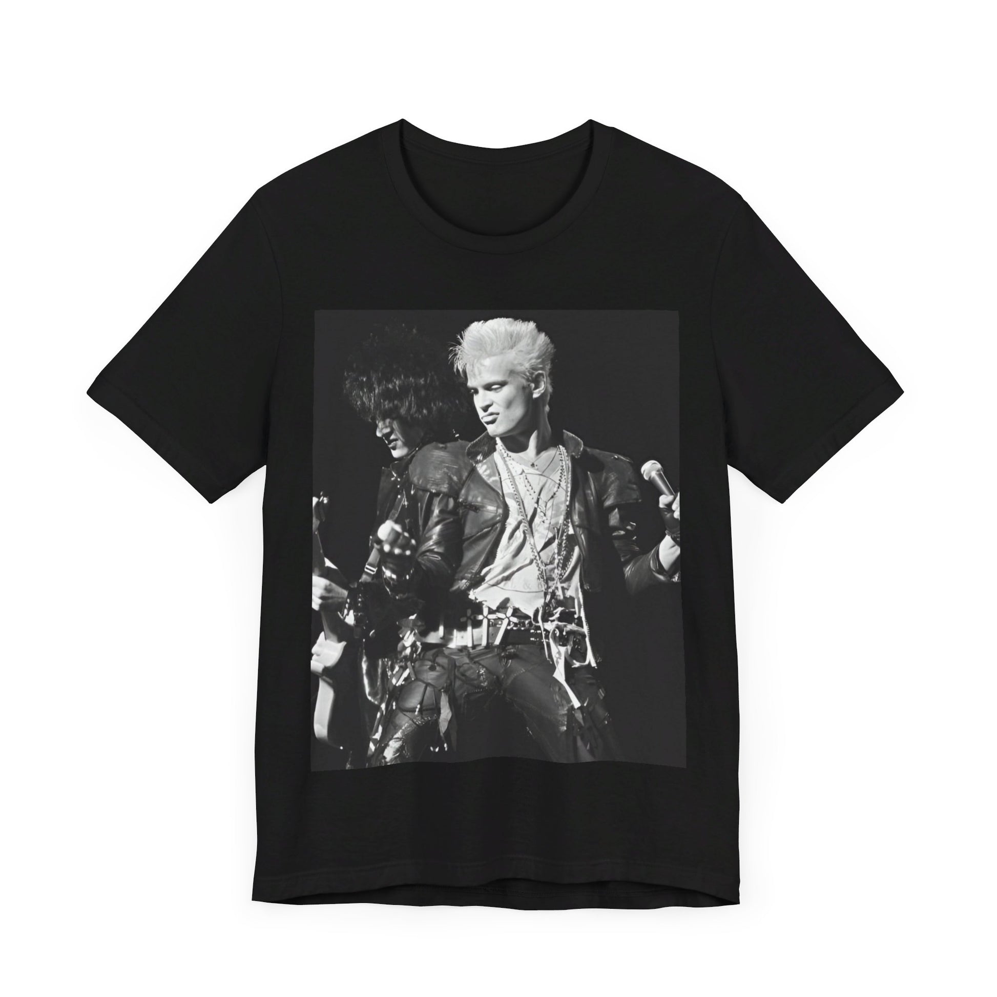 A black graphic t-shirt featuring a live concert graphic of Billy Idol, designed for a comfortable fit.