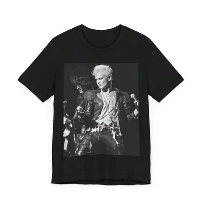 A black graphic t-shirt featuring a live concert graphic of Billy Idol, designed for a comfortable fit.