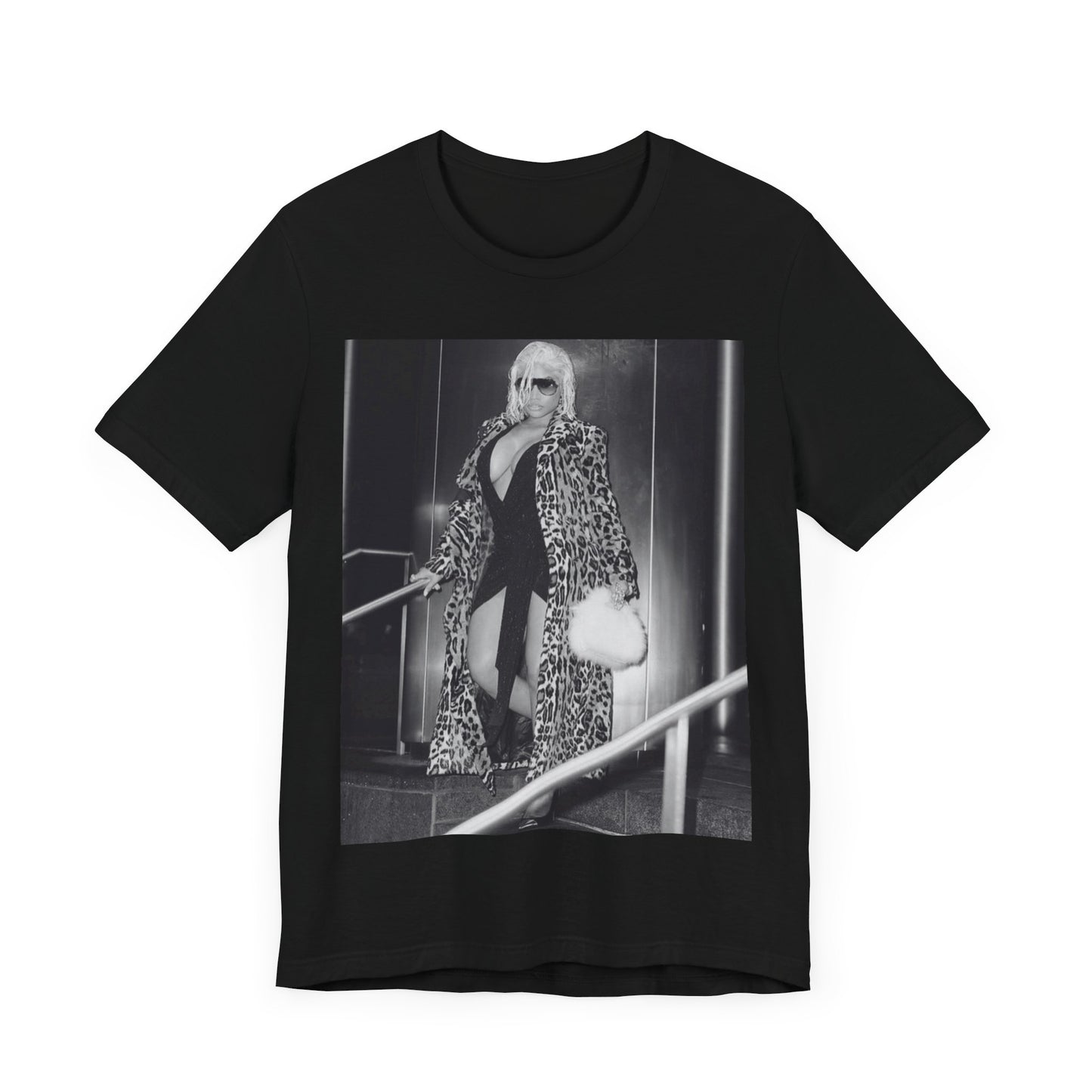 A black graphic t-shirt featuring a black and white glam aesthetic graphic of Nicki Minaj.