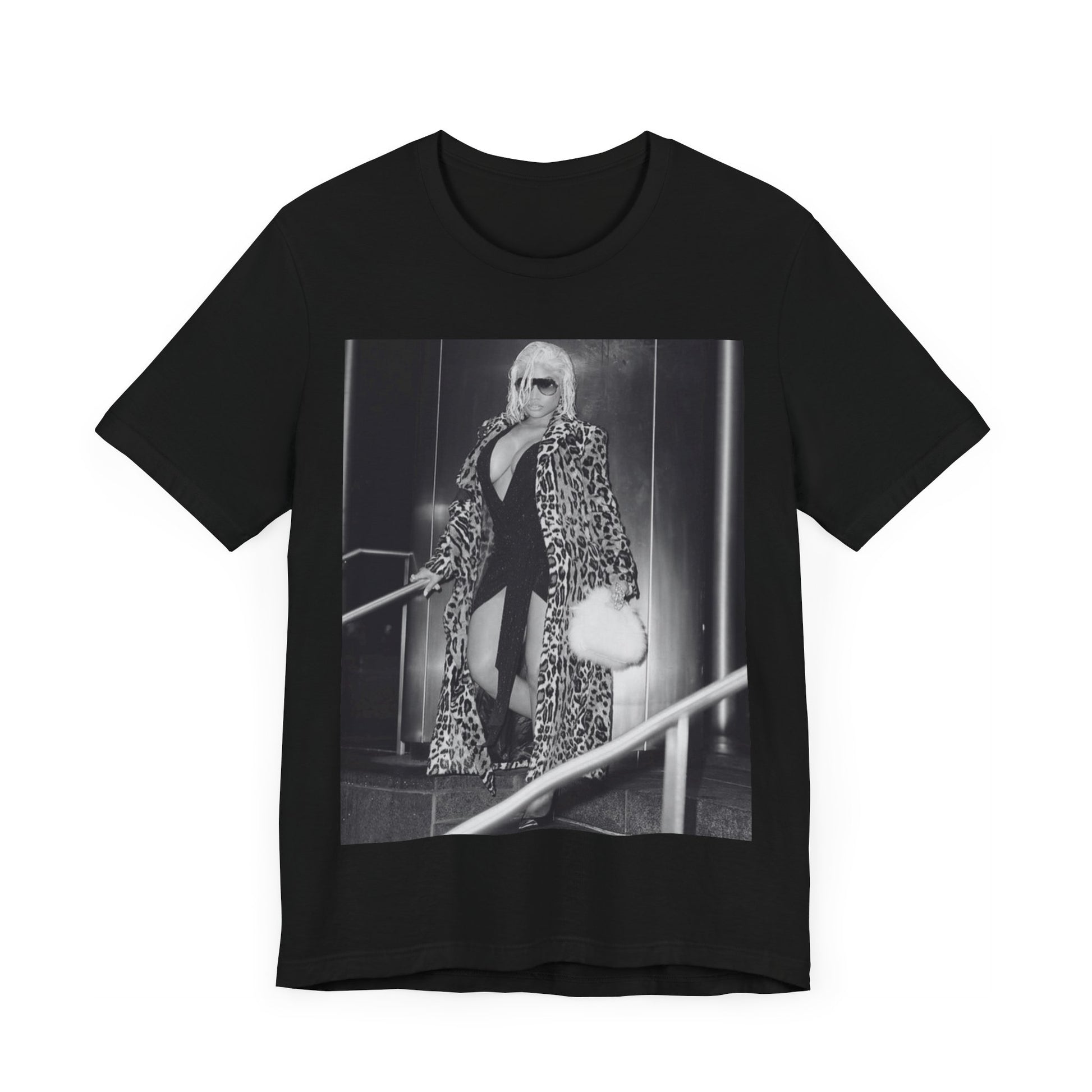 A black graphic t-shirt featuring a black and white glam aesthetic graphic of Nicki Minaj.