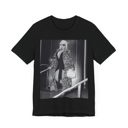 A black graphic t-shirt featuring a black and white glam aesthetic graphic of Nicki Minaj.