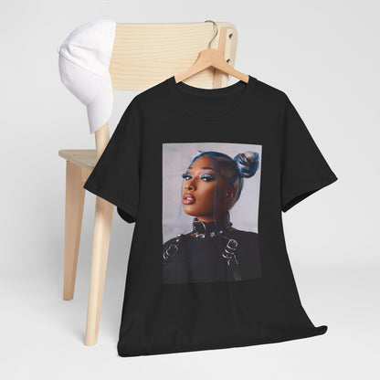 A black graphic t-shirt featuring a casual rap graphic of Megan Thee Stallion.