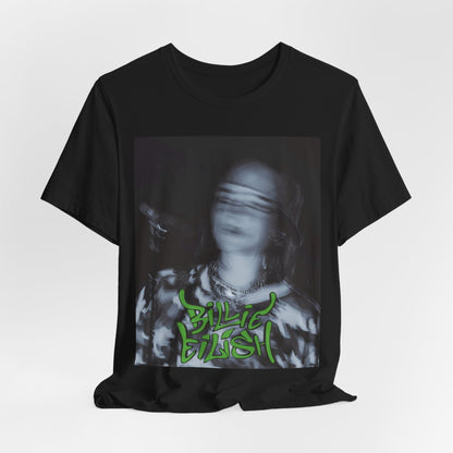 A photo of Billie Eilish in a classic 'anti-popstar' pose, with a bored expression and slouchy streetwear, printed on a graphic t-shirt.