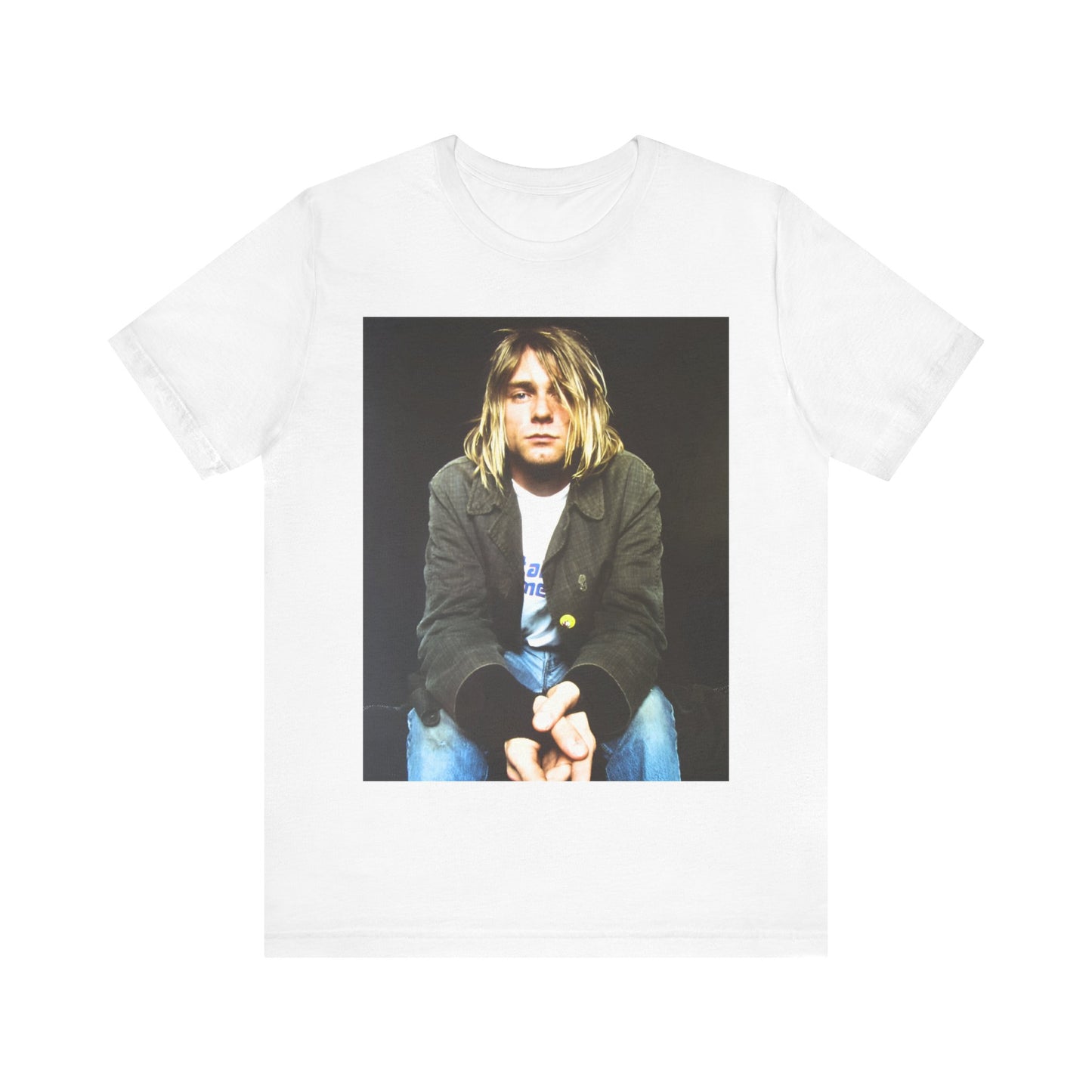 A black graphic t-shirt featuring an iconic graphic of Kurt Cobain from Nirvana.