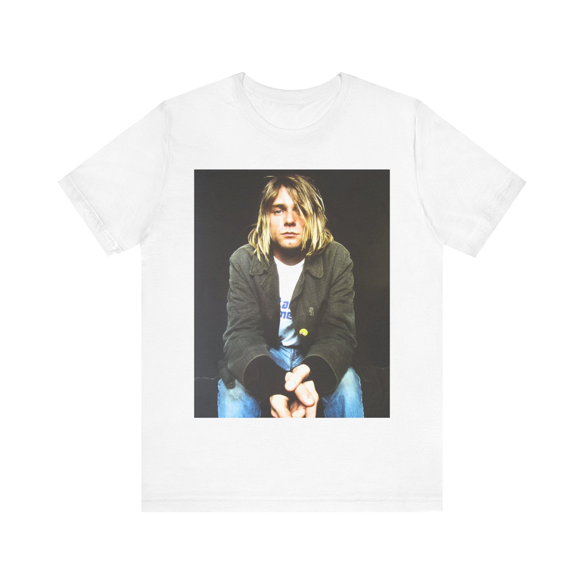 A black graphic t-shirt featuring an iconic graphic of Kurt Cobain from Nirvana.