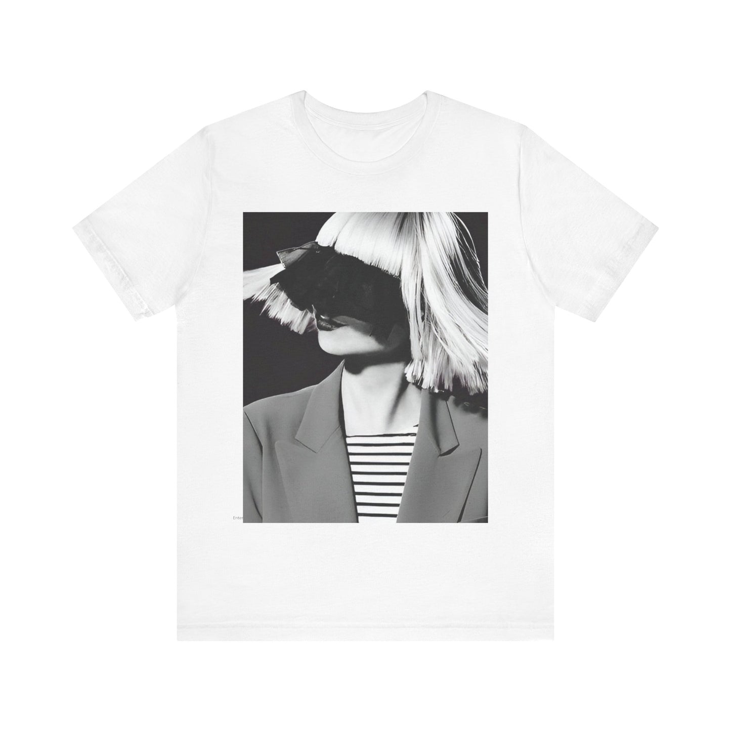 A black graphic t-shirt featuring a black and white portrait photo of Sia.