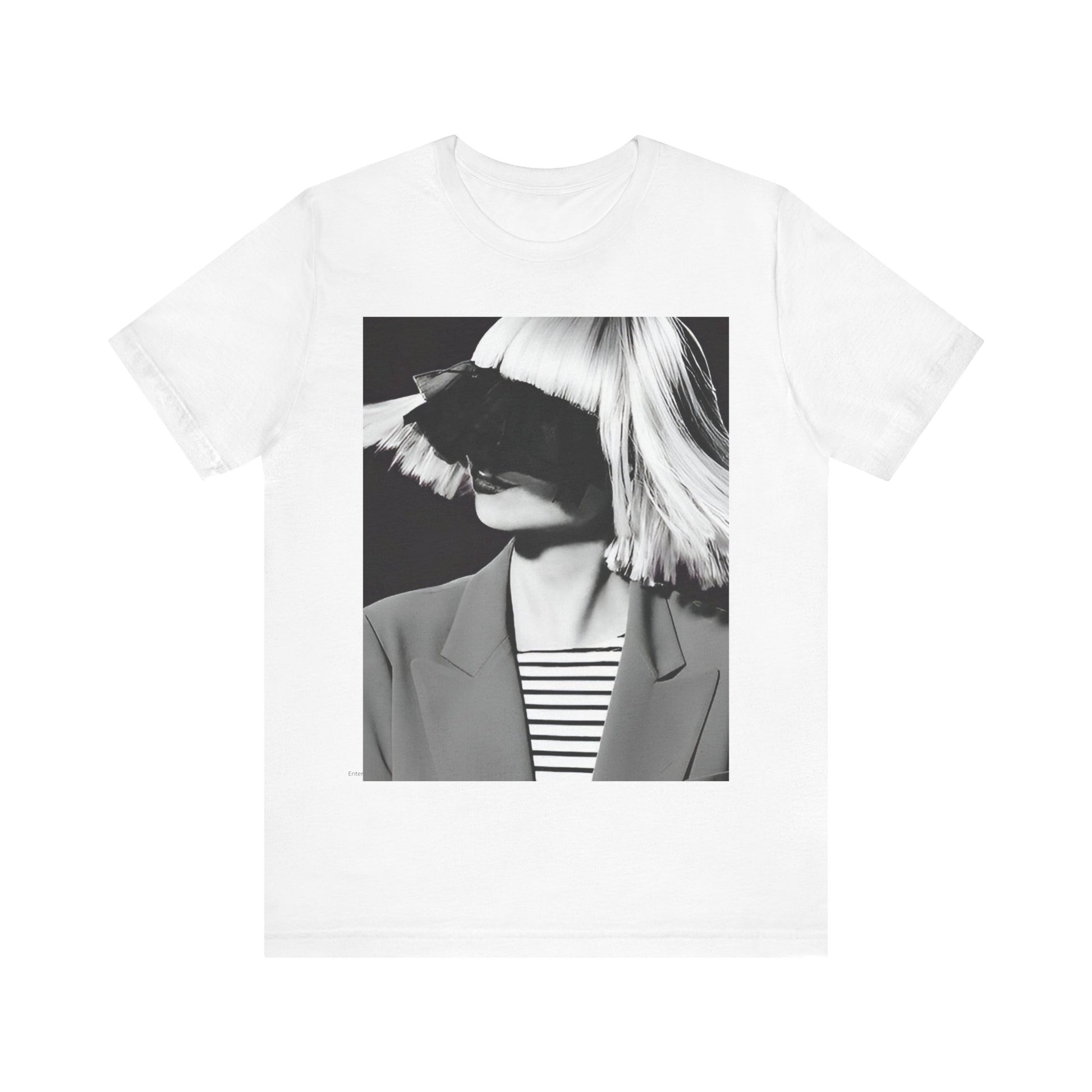A black graphic t-shirt featuring a black and white portrait photo of Sia.