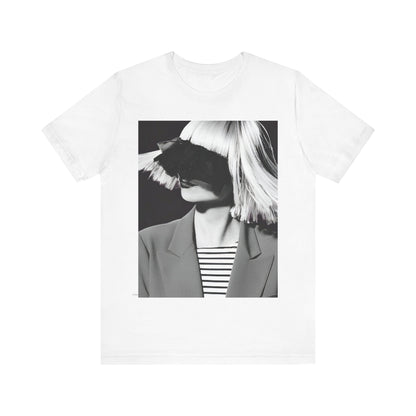 A black graphic t-shirt featuring a black and white portrait photo of Sia.