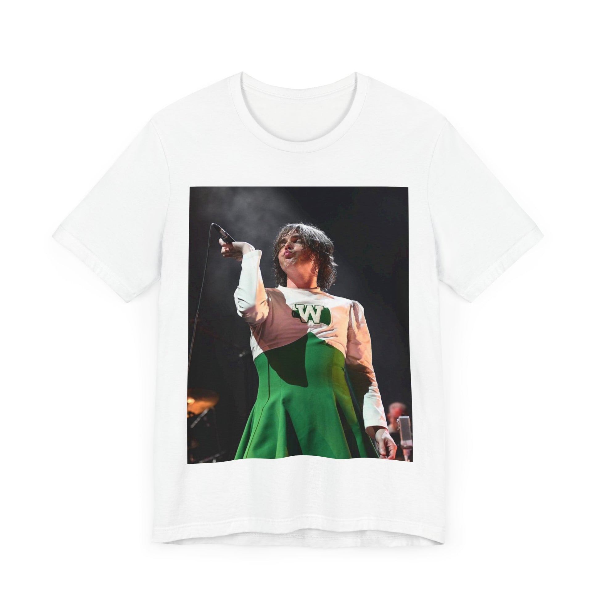 A black graphic t-shirt featuring a photo of My Chemical Romance, possibly with a cheerleader theme.