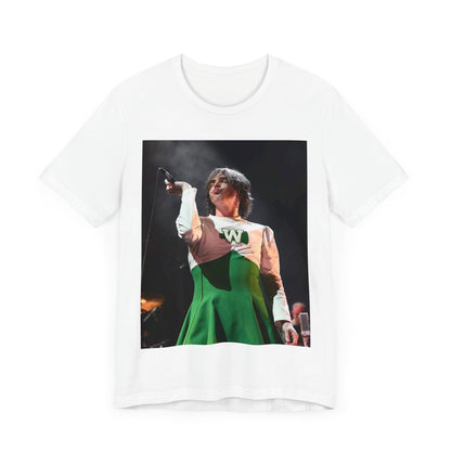 A black graphic t-shirt featuring a photo of My Chemical Romance, possibly with a cheerleader theme.