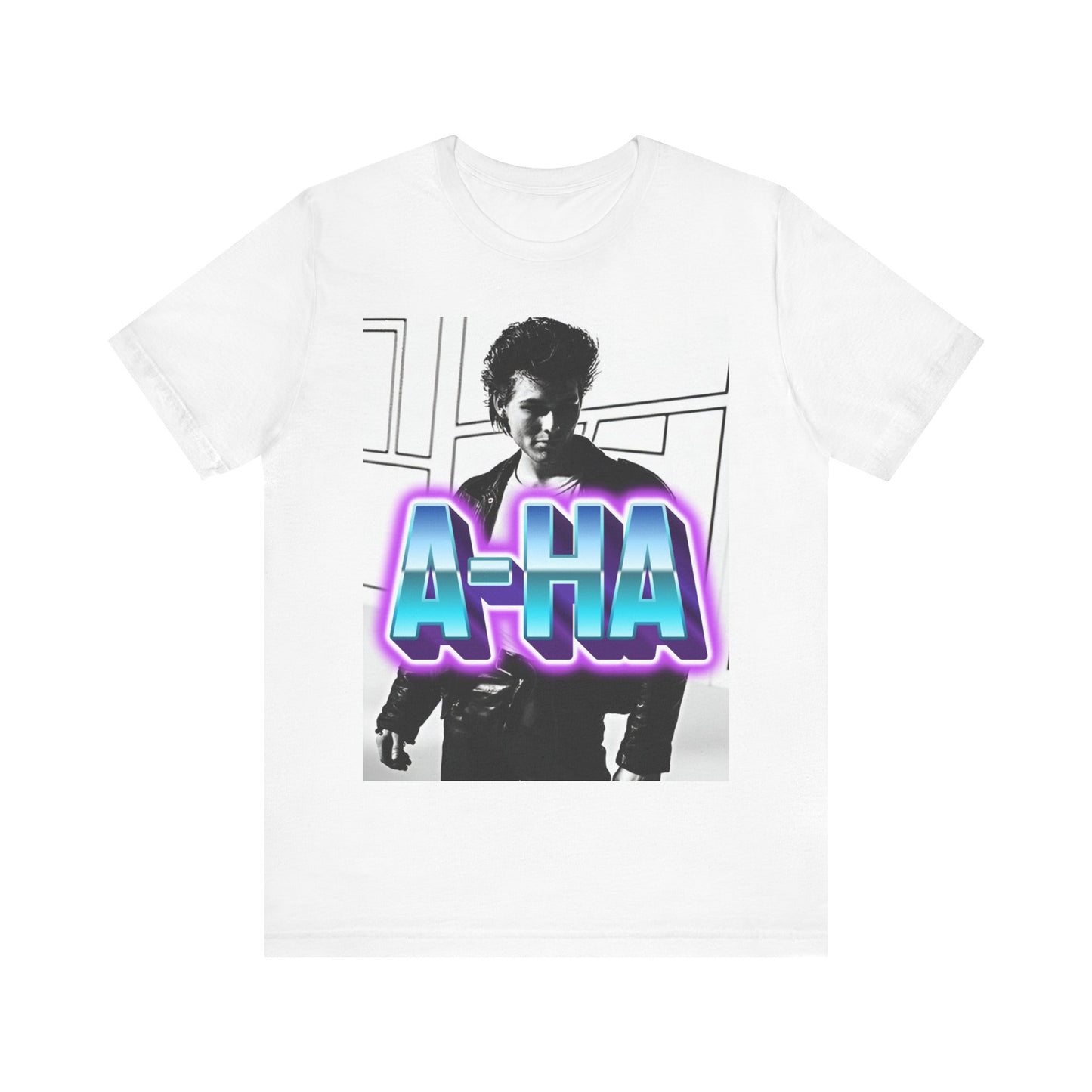 A black graphic t-shirt featuring a vintage 80s black and white photo of the band A-HA, capturing their iconic look.