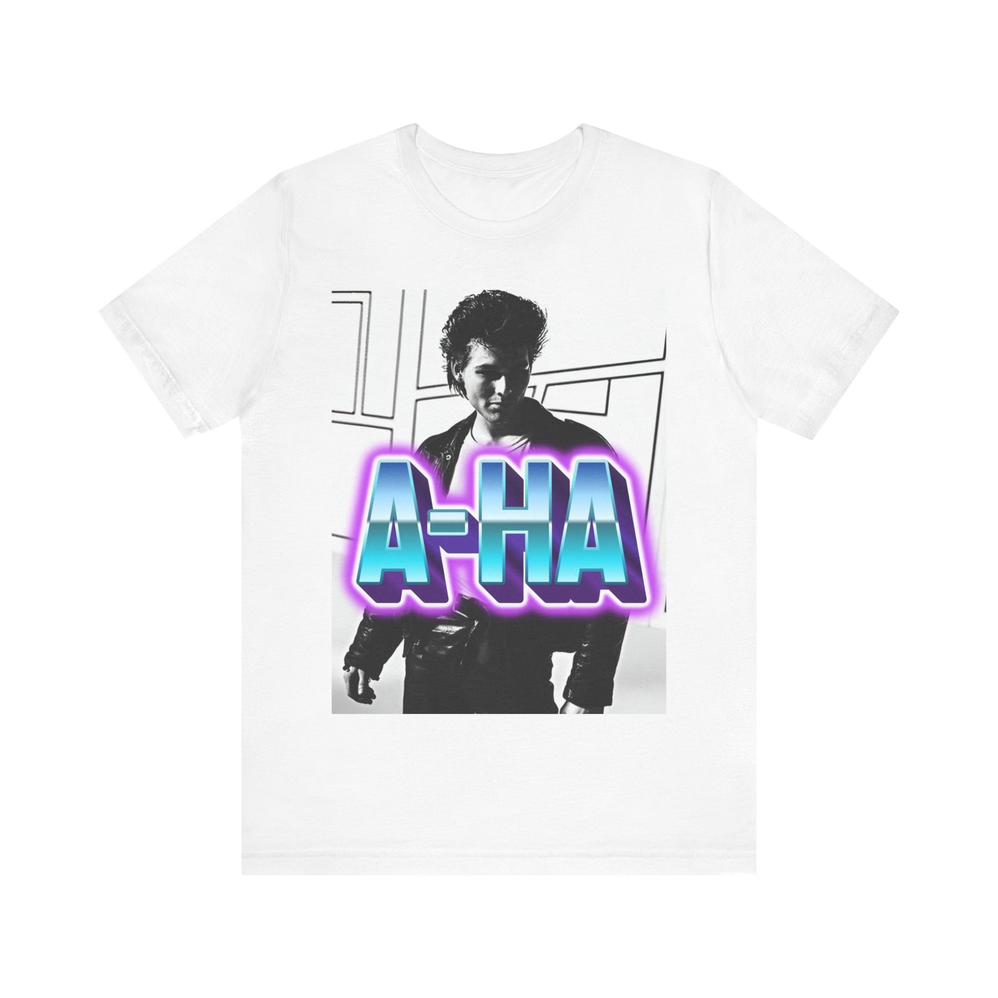 A black graphic t-shirt featuring a vintage 80s black and white photo of the band A-HA, capturing their iconic look.