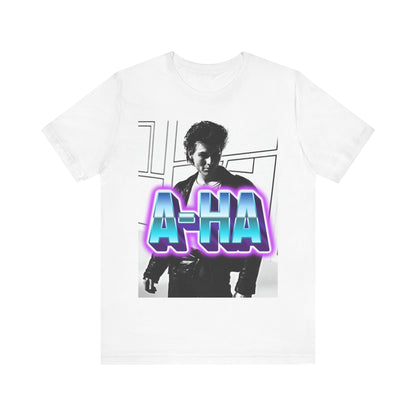A black graphic t-shirt featuring a vintage 80s black and white photo of the band A-HA, capturing their iconic look.