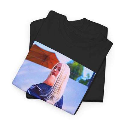 A black graphic t-shirt featuring a photo of Ava Max in a stylish pose, showcasing her elegance.