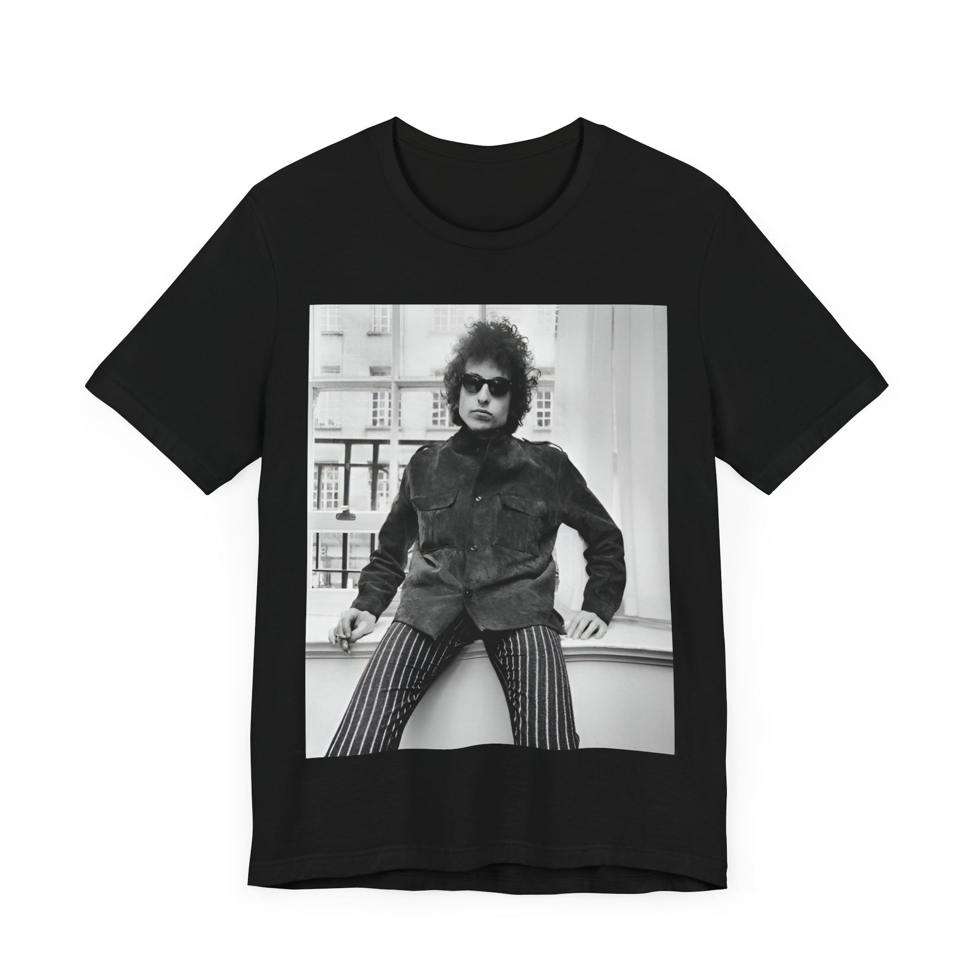 A black graphic t-shirt featuring a graphic related to Bob Dylan's 'Highway 61' era, possibly with album art elements or iconic imagery.