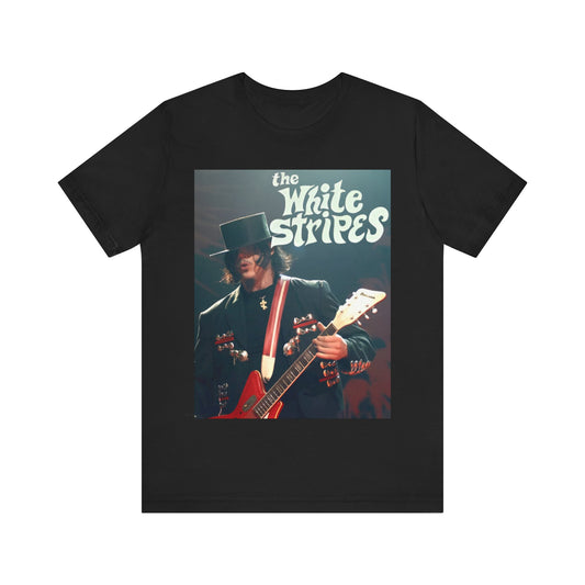 A black graphic t-shirt featuring a graphic of Jack White from The White Stripes as a guitar god.