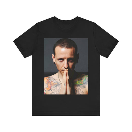 A black graphic t-shirt featuring a retro photo portrait of Chester Bennington from Linkin Park.