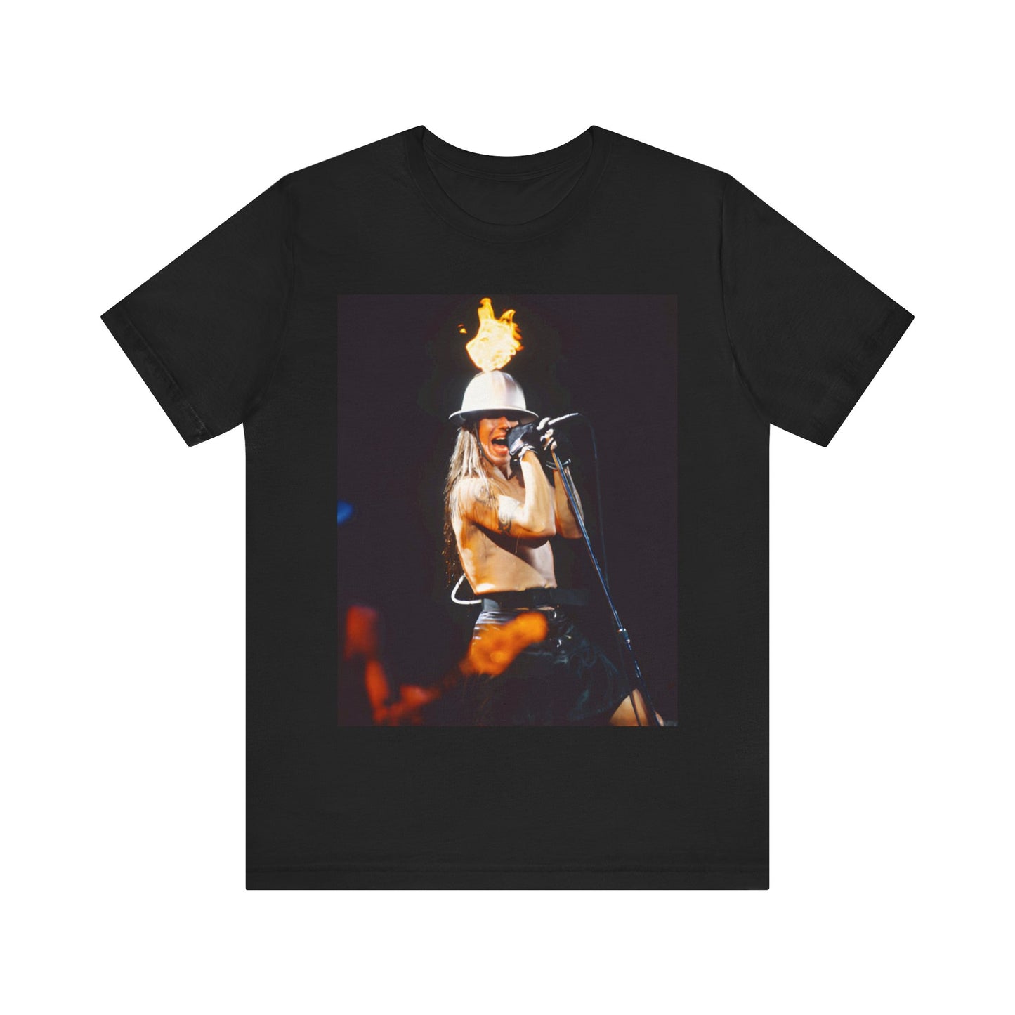 A black graphic t-shirt featuring a graphic of Anthony Kiedis from Red Hot Chili Peppers on tour, depicting wild energy.