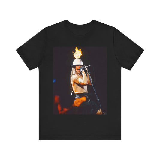 A black graphic t-shirt featuring a graphic of Anthony Kiedis from Red Hot Chili Peppers on tour, depicting wild energy.