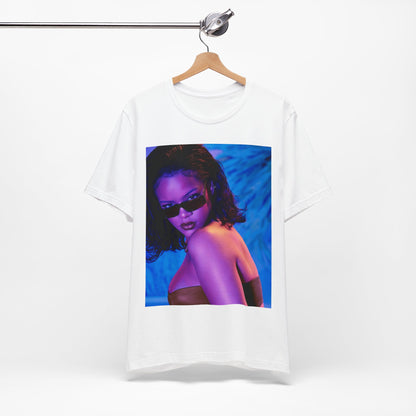 A black graphic t-shirt featuring a retro graphic related to Rihanna's 'Umbrella' song or era.