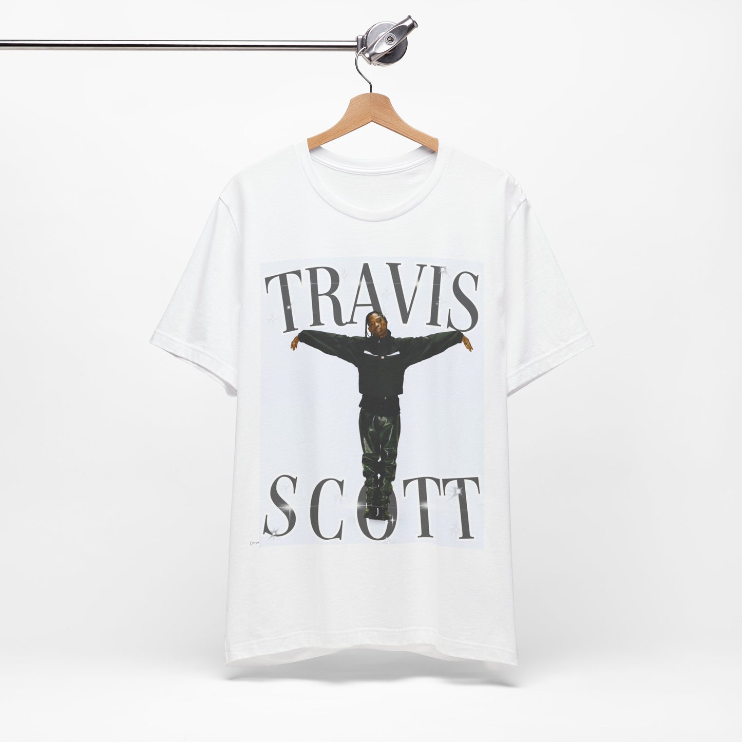 A black graphic t-shirt featuring a cool streetwear icon graphic of Travis Scott.