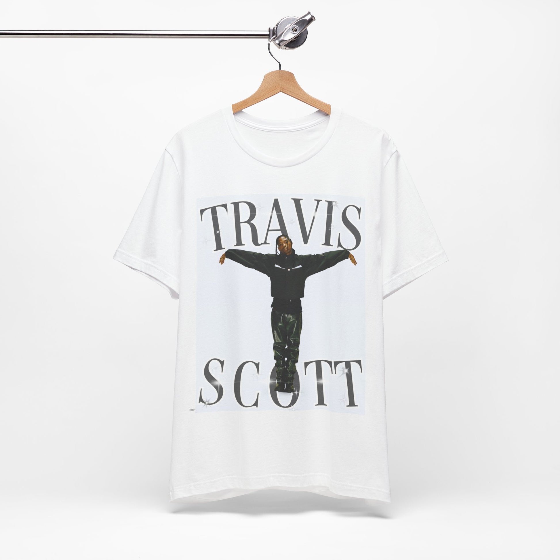 A black graphic t-shirt featuring a cool streetwear icon graphic of Travis Scott.