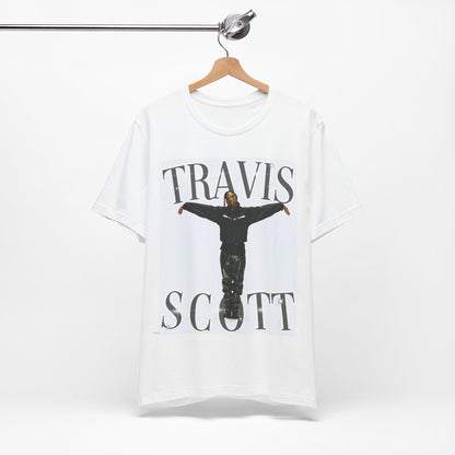 A black graphic t-shirt featuring a cool streetwear icon graphic of Travis Scott.