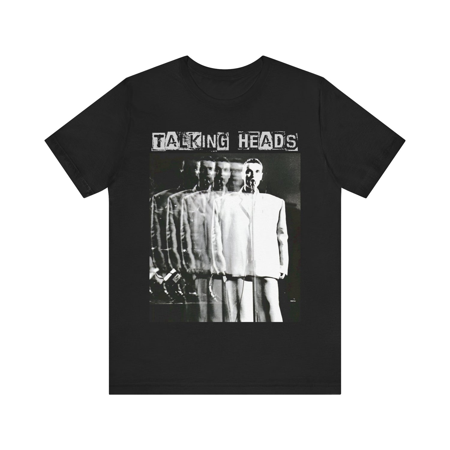 A black graphic t-shirt featuring a psychedelic post-punk graphic of Talking Heads.