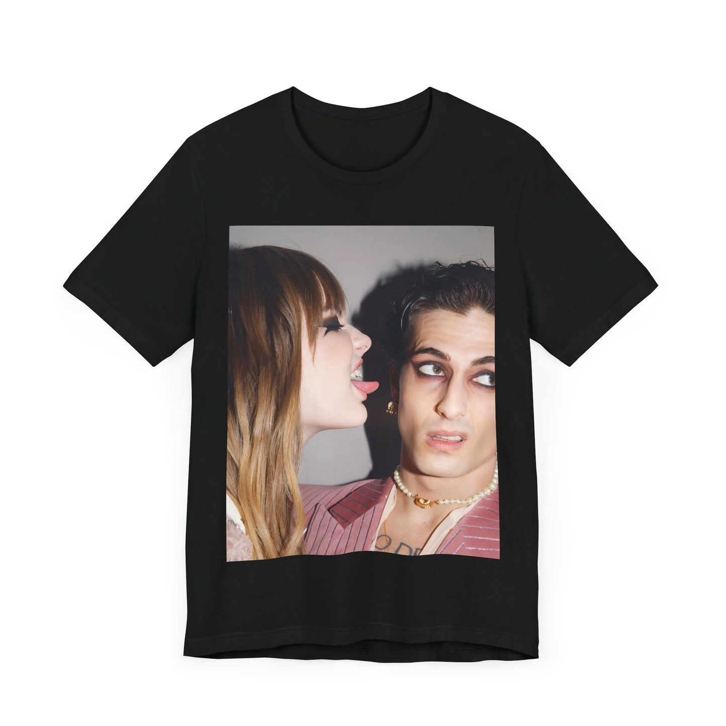 A black graphic t-shirt featuring a fearless rock and roll graphic of Maneskin.
