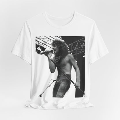 A black graphic t-shirt featuring a retro tour graphic for Bon Jovi's '88 tour.
