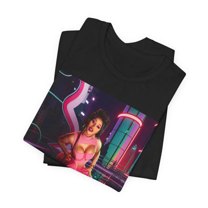A black graphic t-shirt featuring a graphic related to Cardi B's "WAP" song or era.