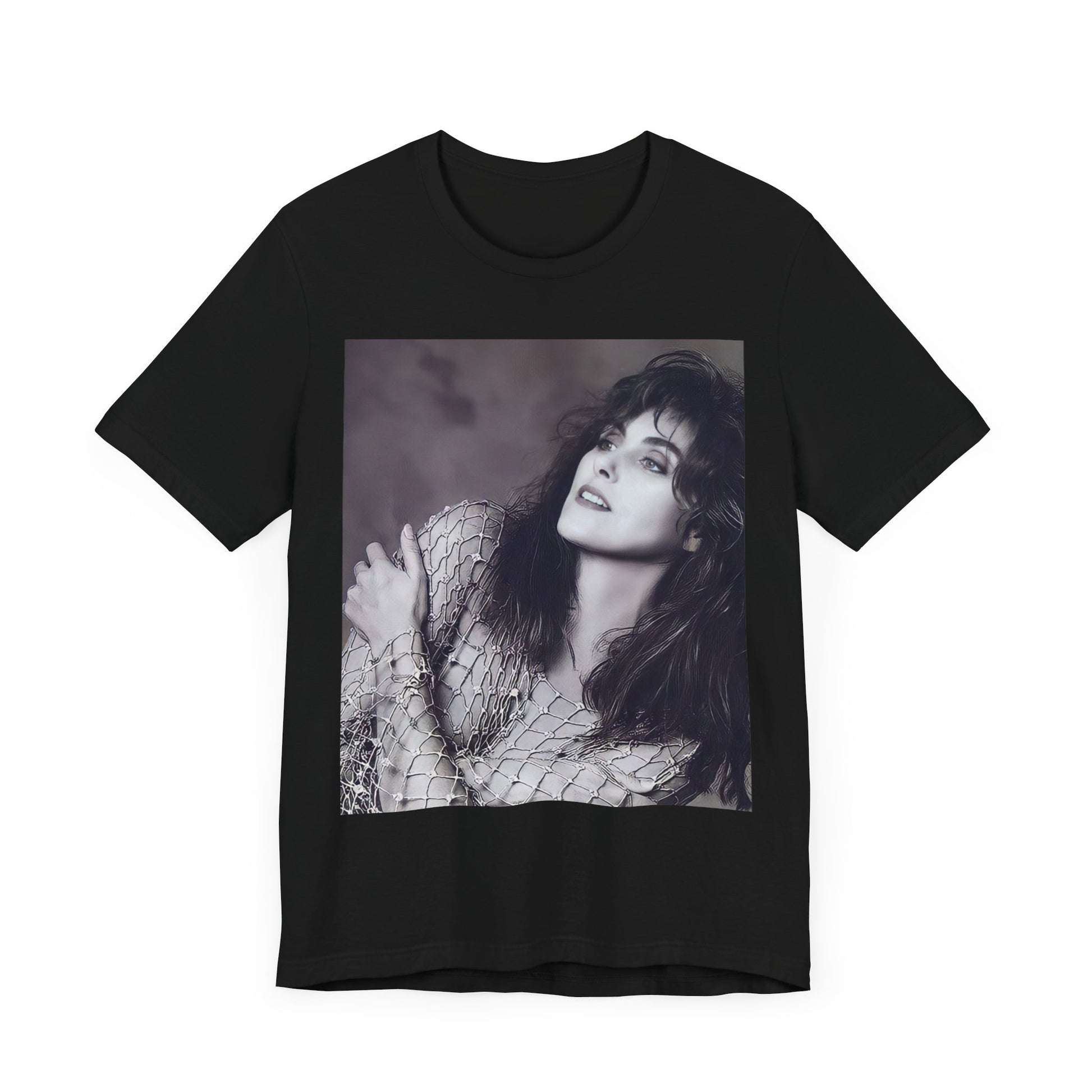 A black graphic t-shirt featuring a bold 80s superstar graphic of Laura Branigan.